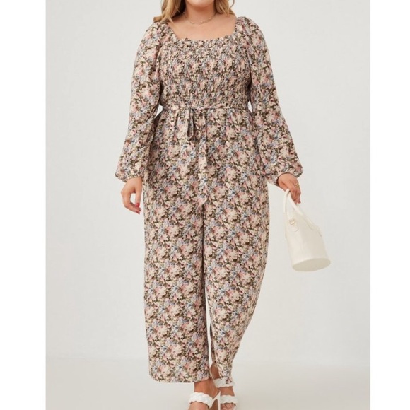 Hayden Floral Print Smocked Puff Sleeve Jumpsuit In Olive Mix. Sz 1X & 3X. - Picture 5 of 11